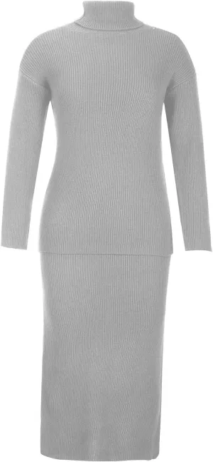 Women's 2 Piece Outfits Ribbed Knit Long Sleeve Oversized Turtleneck Sweater Top and Bodycon Midi Skirt Dress Set
