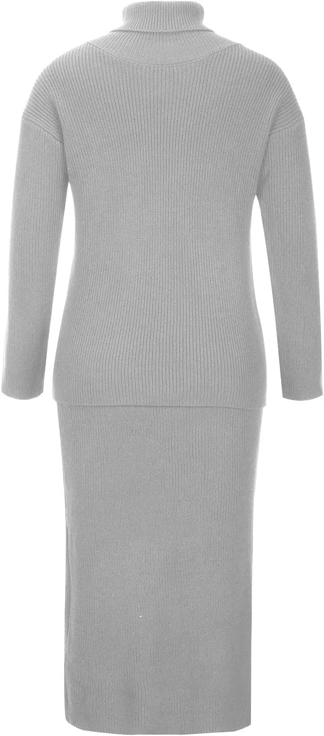 Women's 2 Piece Outfits Ribbed Knit Long Sleeve Oversized Turtleneck Sweater Top and Bodycon Midi Skirt Dress Set