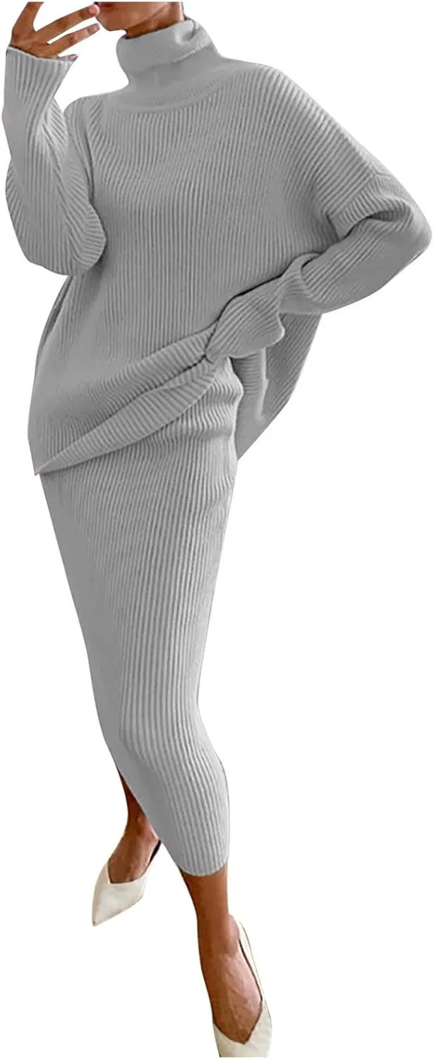 Women's 2 Piece Outfits Ribbed Knit Long Sleeve Oversized Turtleneck Sweater Top and Bodycon Midi Skirt Dress Set