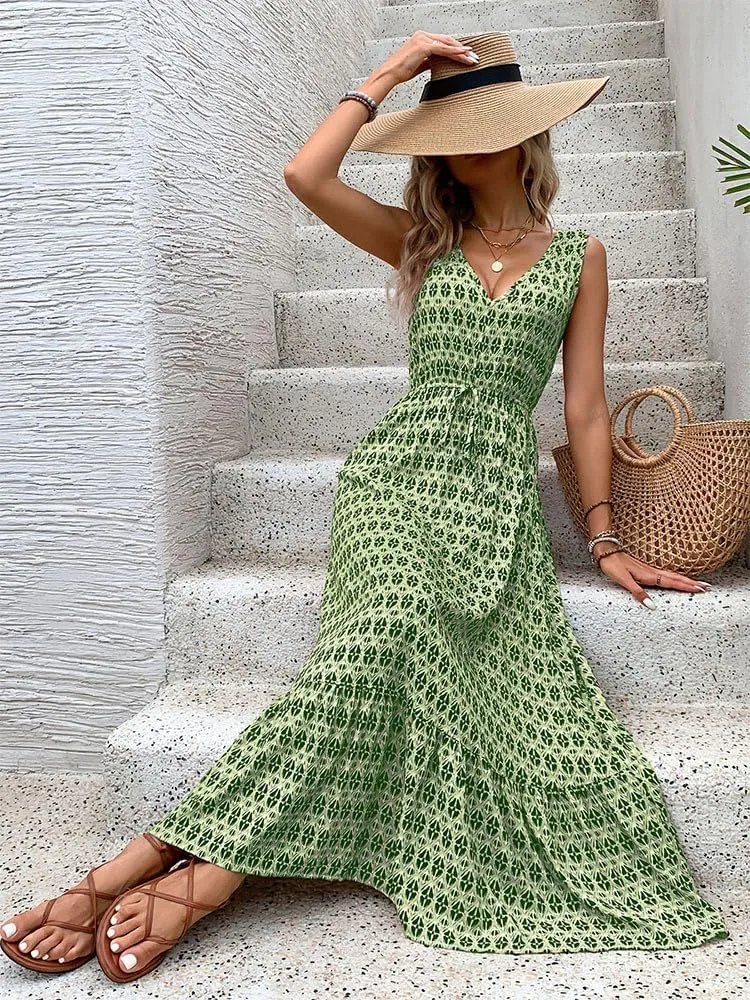 Women's 2024 Summer Dresses Casual Boho Beach Sundress Sleeveless V Neck Flowy Ruffle Floral Print Long Maxi Dresses