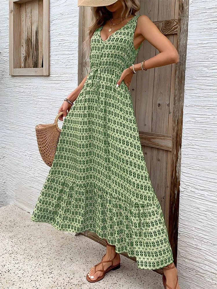 Women's 2024 Summer Dresses Casual Boho Beach Sundress Sleeveless V Neck Flowy Ruffle Floral Print Long Maxi Dresses