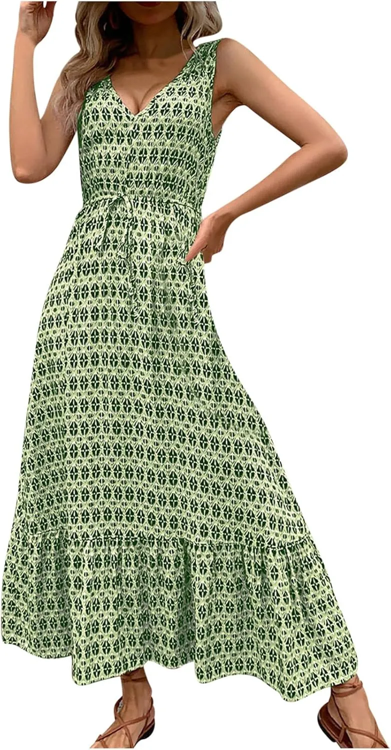 Women's 2024 Summer Dresses Casual Boho Beach Sundress Sleeveless V Neck Flowy Ruffle Floral Print Long Maxi Dresses
