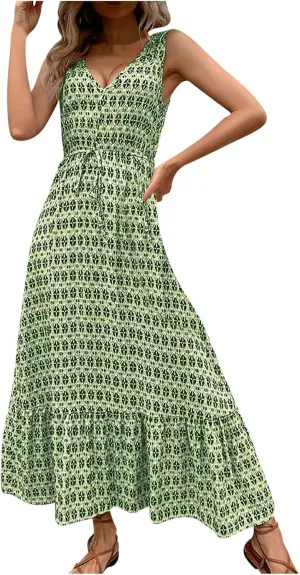 Women's 2024 Summer Dresses Casual Boho Beach Sundress Sleeveless V Neck Flowy Ruffle Floral Print Long Maxi Dresses