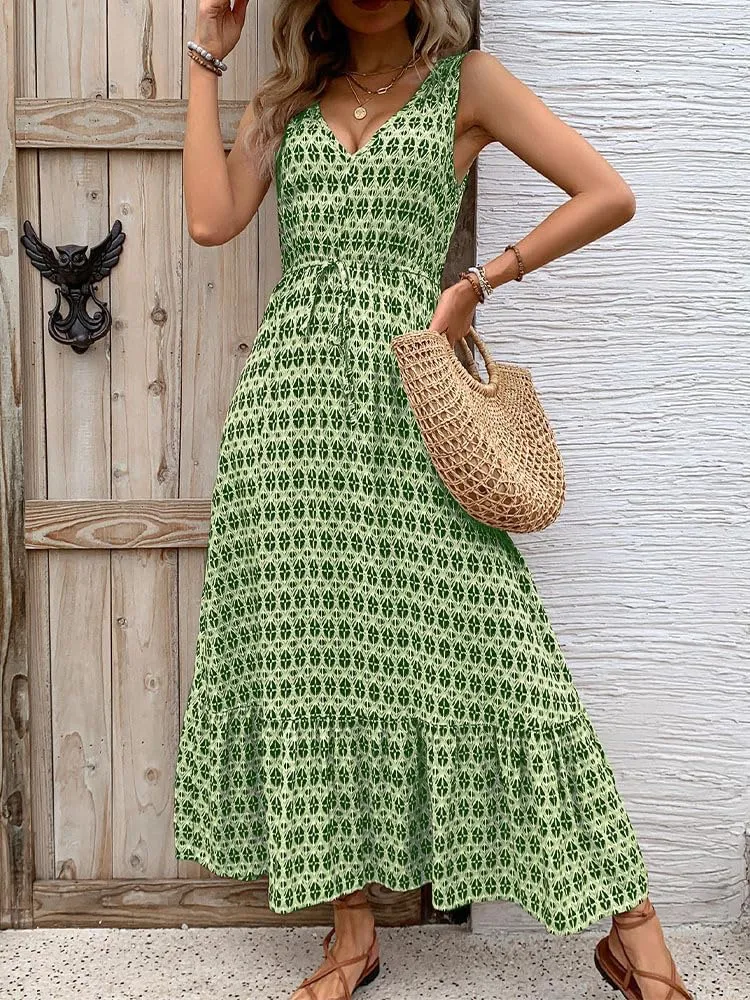 Women's 2024 Summer Dresses Casual Boho Beach Sundress Sleeveless V Neck Flowy Ruffle Floral Print Long Maxi Dresses