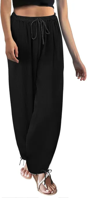 Women's Baggy Linen Pants Drawstring Elasic Waist Casual Joggers Loose Summer Lightweight Beach Pants Lounge Trousers