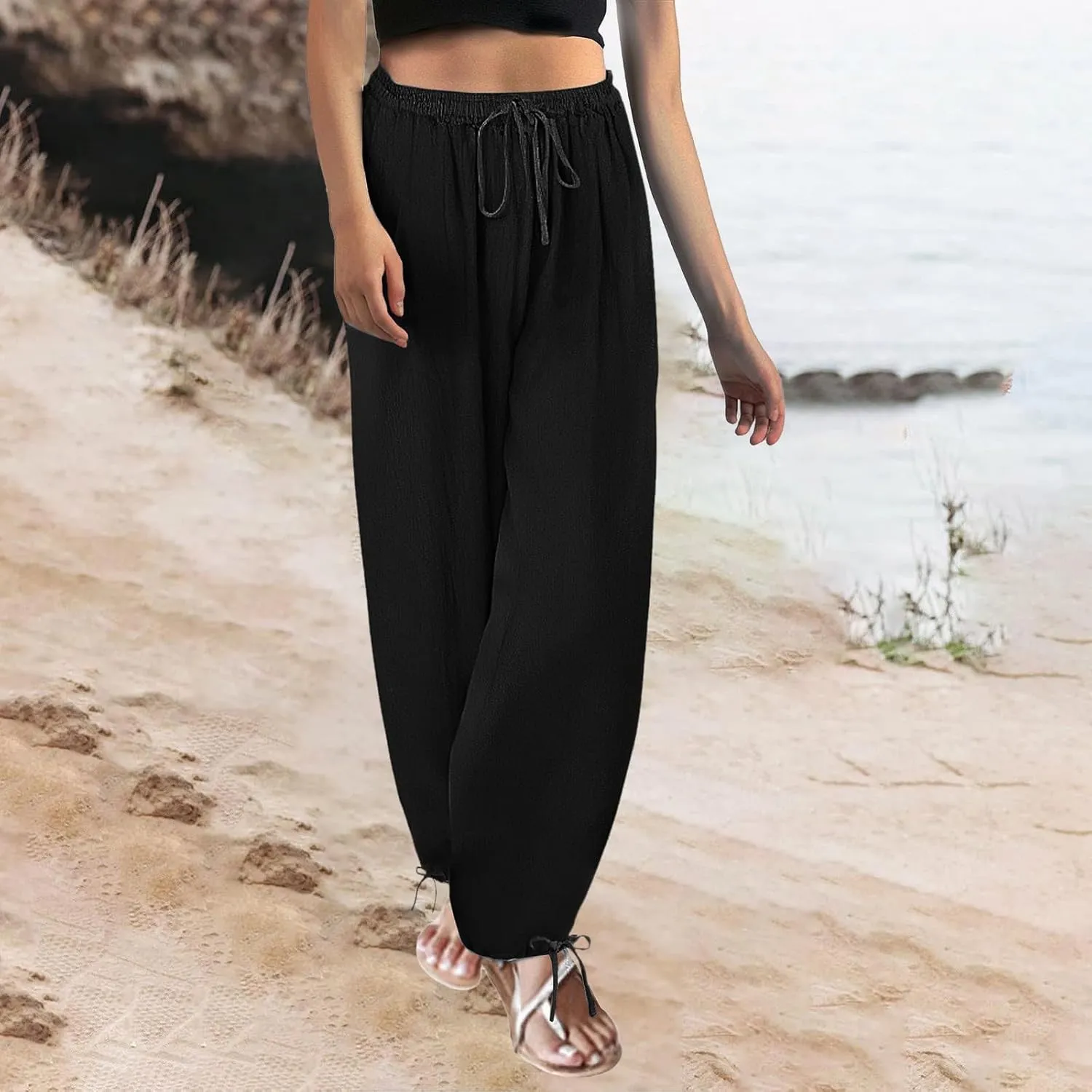 Women's Baggy Linen Pants Drawstring Elasic Waist Casual Joggers Loose Summer Lightweight Beach Pants Lounge Trousers