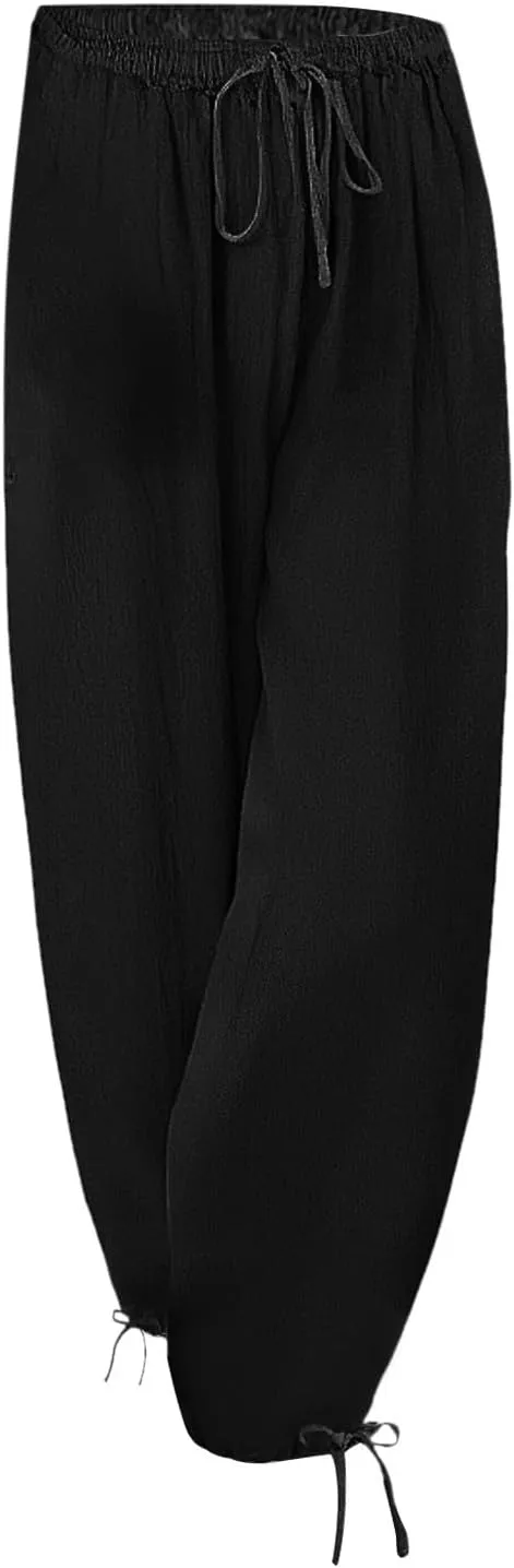Women's Baggy Linen Pants Drawstring Elasic Waist Casual Joggers Loose Summer Lightweight Beach Pants Lounge Trousers