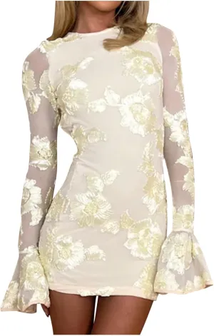 Women's Bodycon Mini Dress Fashion Crew Neck Ruffle Bell Long Sleeve Floral Applique Cocktail Party Club Short Dresses