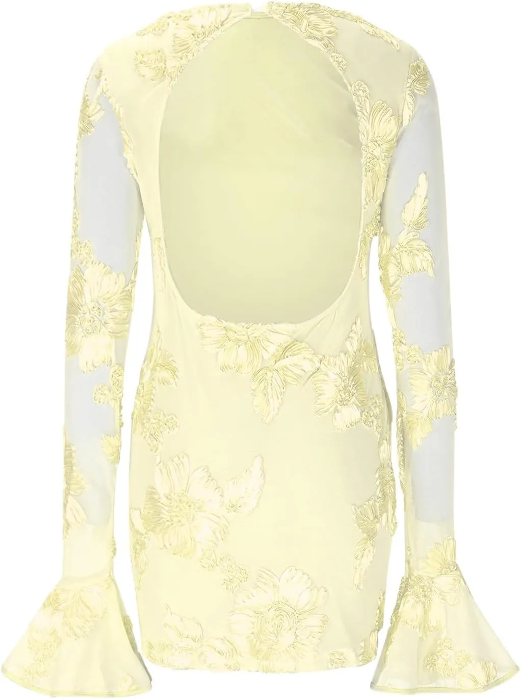 Women's Bodycon Mini Dress Fashion Crew Neck Ruffle Bell Long Sleeve Floral Applique Cocktail Party Club Short Dresses