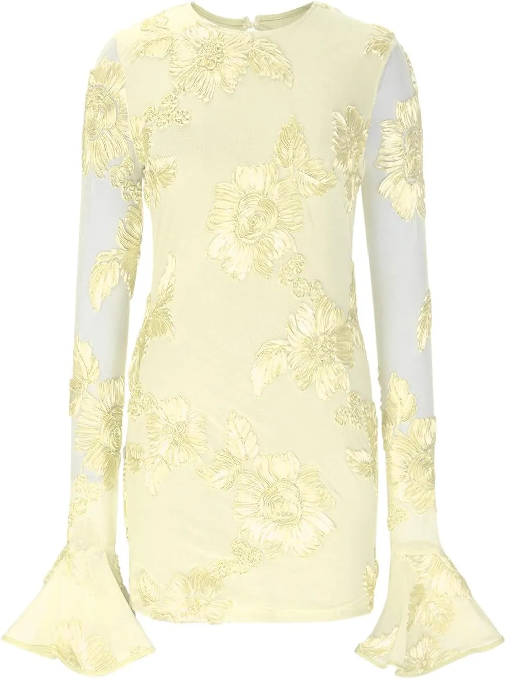 Women's Bodycon Mini Dress Fashion Crew Neck Ruffle Bell Long Sleeve Floral Applique Cocktail Party Club Short Dresses