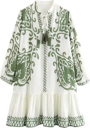 Women's Bohemian Dress Summer Floral Print Pleated Long Sleeve Mini Dresses Casual Button Down V Neck Beach Dress