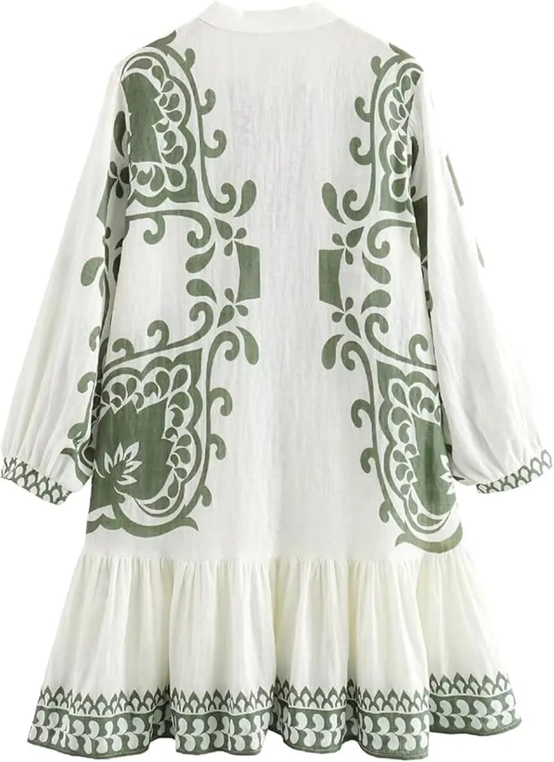Women's Bohemian Dress Summer Floral Print Pleated Long Sleeve Mini Dresses Casual Button Down V Neck Beach Dress