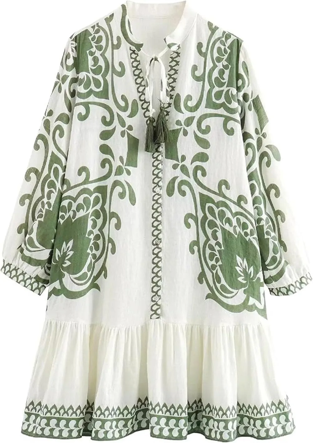Women's Bohemian Dress Summer Floral Print Pleated Long Sleeve Mini Dresses Casual Button Down V Neck Beach Dress