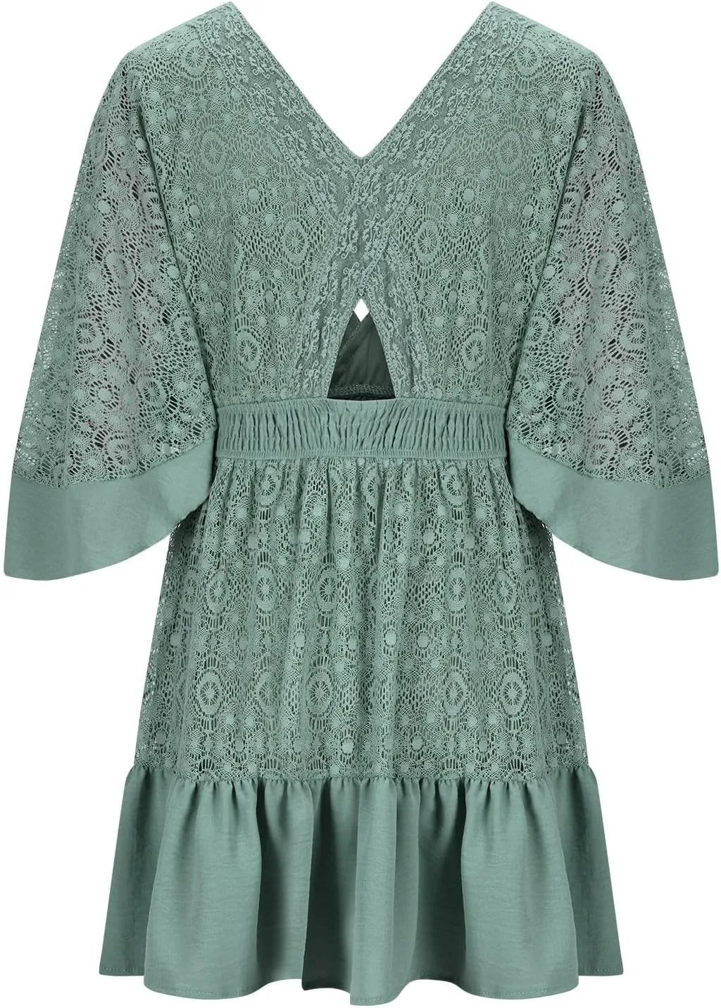 Womens Boho Babydoll Mini Dresses Sexy Plunge Resort Vacation Outfits Ruffle Summer Lace Eyelet Flare Sleeve Dress