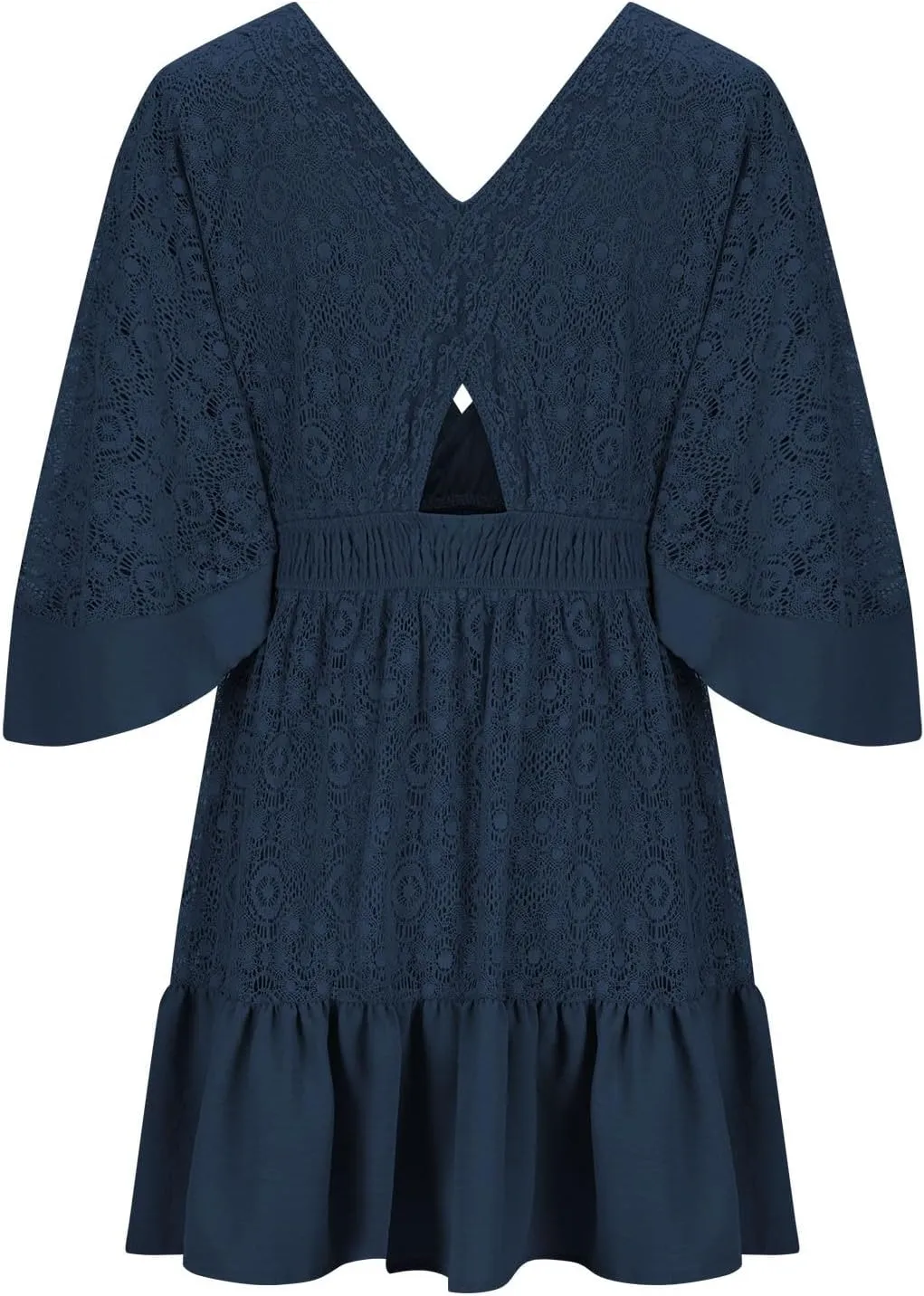 Womens Boho Babydoll Mini Dresses Sexy Plunge Resort Vacation Outfits Ruffle Summer Lace Eyelet Flare Sleeve Dress
