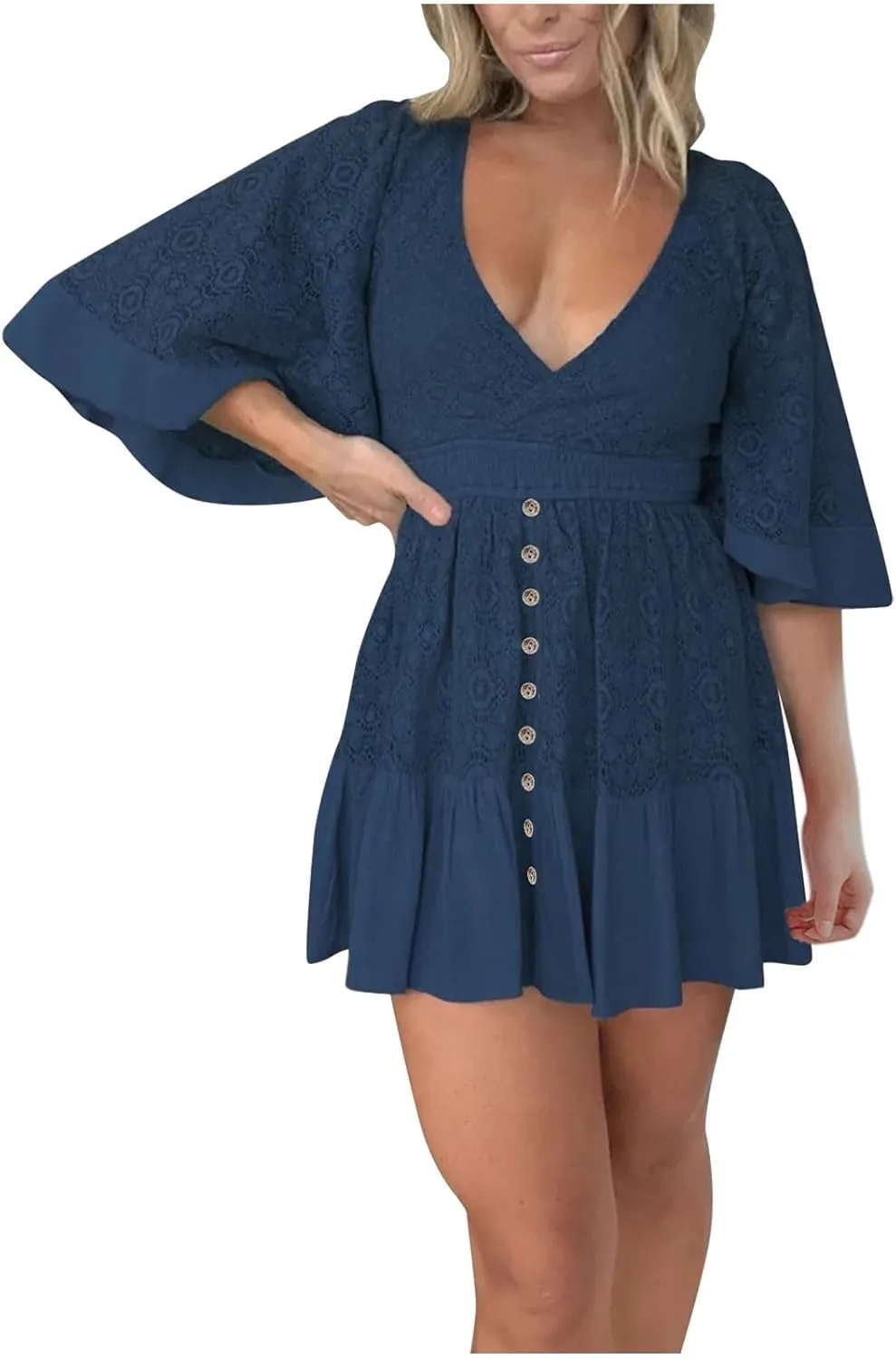 Womens Boho Babydoll Mini Dresses Sexy Plunge Resort Vacation Outfits Ruffle Summer Lace Eyelet Flare Sleeve Dress