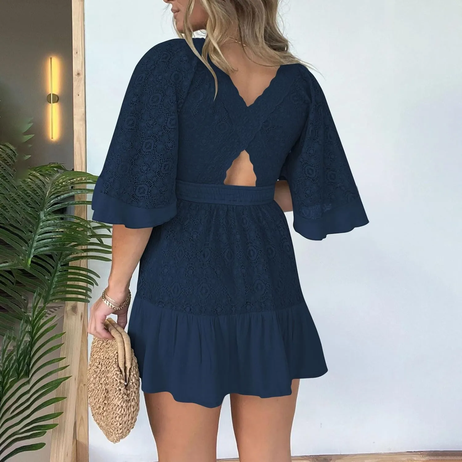 Womens Boho Babydoll Mini Dresses Sexy Plunge Resort Vacation Outfits Ruffle Summer Lace Eyelet Flare Sleeve Dress