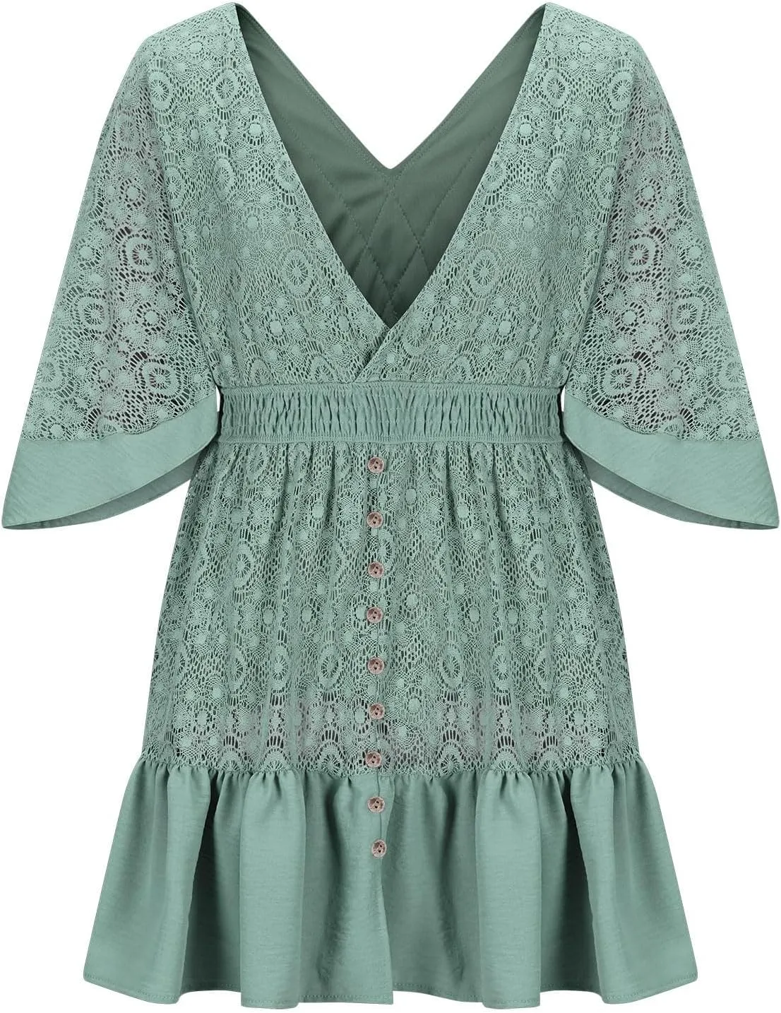 Womens Boho Babydoll Mini Dresses Sexy Plunge Resort Vacation Outfits Ruffle Summer Lace Eyelet Flare Sleeve Dress