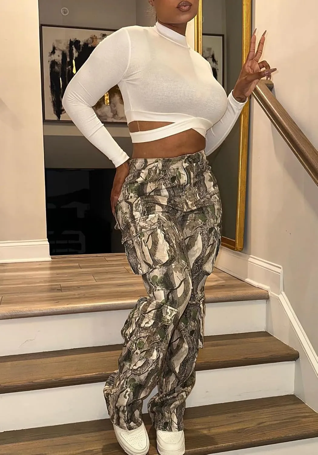 Women's Camo Cargo Pants High Waist Wide Leg Camouflage Army Fatigue Trousers with Pockets Sweatpants