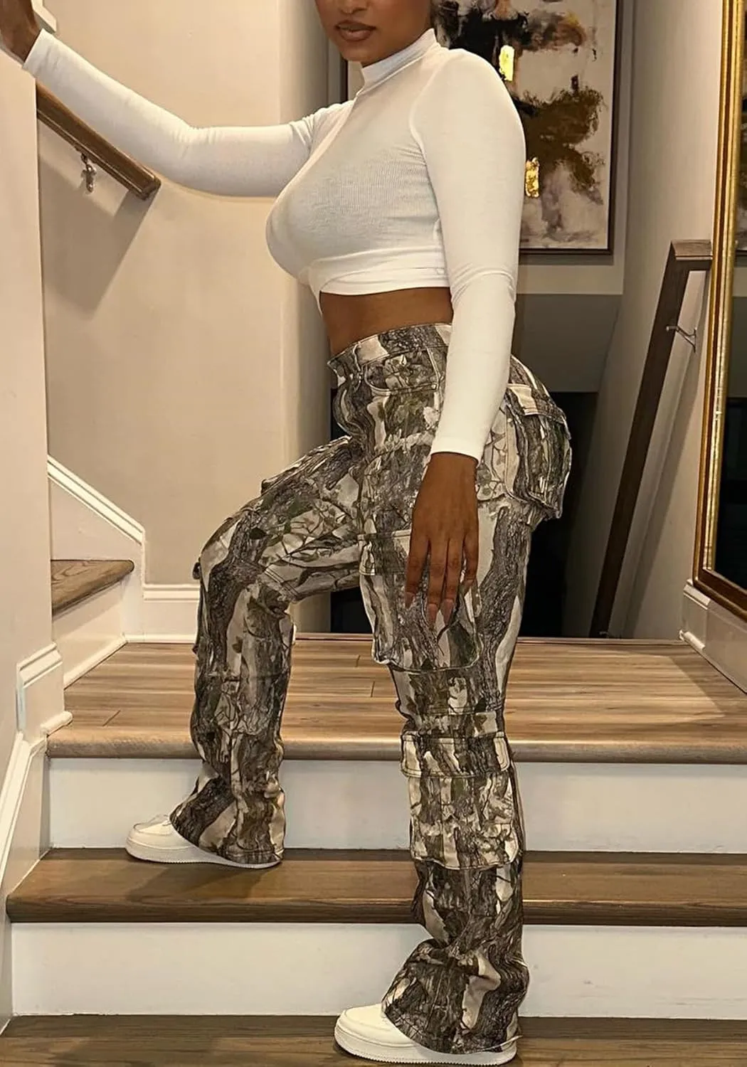 Women's Camo Cargo Pants High Waist Wide Leg Camouflage Army Fatigue Trousers with Pockets Sweatpants