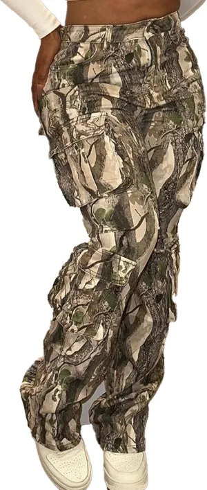Women's Camo Cargo Pants High Waist Wide Leg Camouflage Army Fatigue Trousers with Pockets Sweatpants