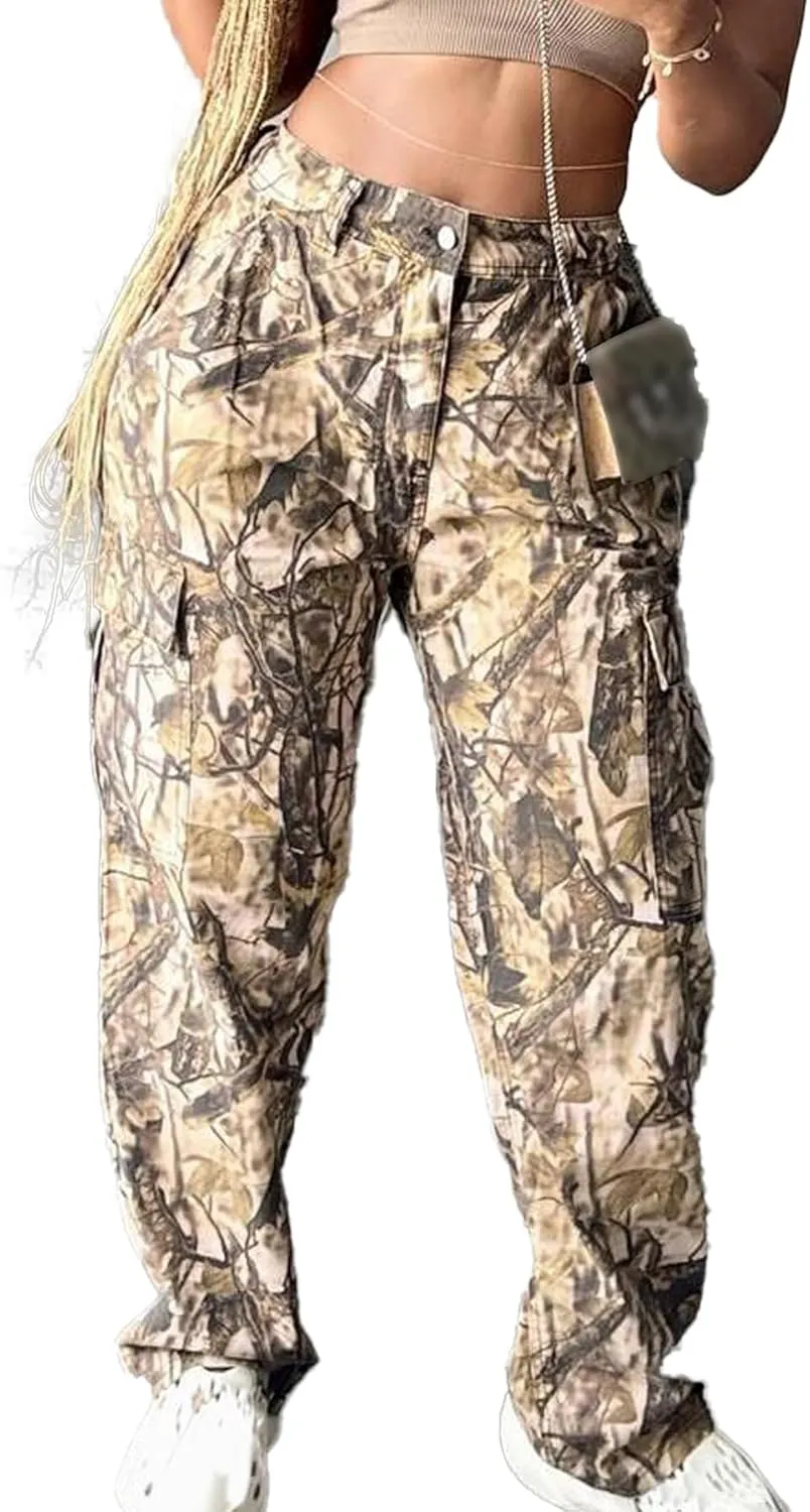 Women's Camo Cargo Pants High Waist Wide Leg Camouflage Army Fatigue Trousers with Pockets Sweatpants