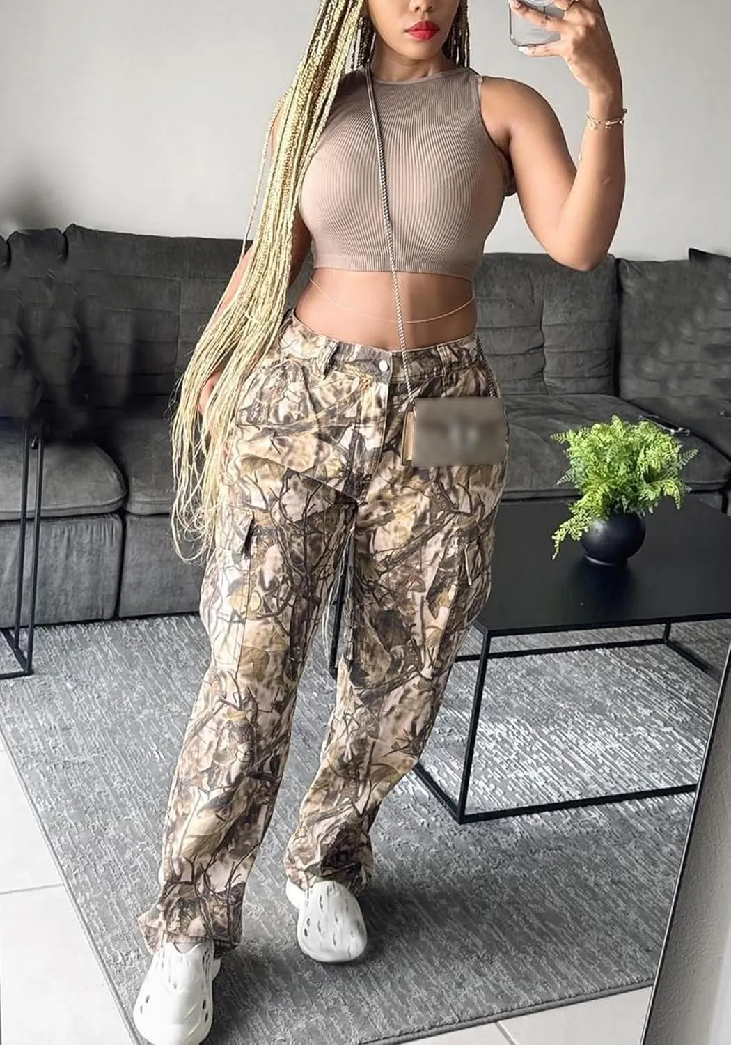 Women's Camo Cargo Pants High Waist Wide Leg Camouflage Army Fatigue Trousers with Pockets Sweatpants