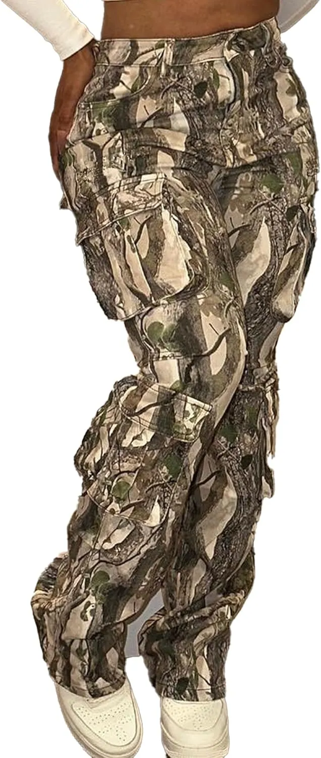 Women's Camo Cargo Pants High Waist Wide Leg Camouflage Army Fatigue Trousers with Pockets Sweatpants