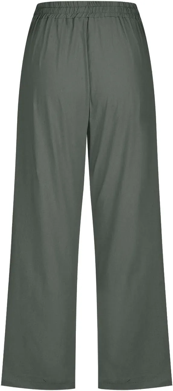 Womens Capris Solid Pants Cotton Linen Casual Summer Plus Size Wide Leg Loose Drawstring Elastic Waist Cropped Trouser