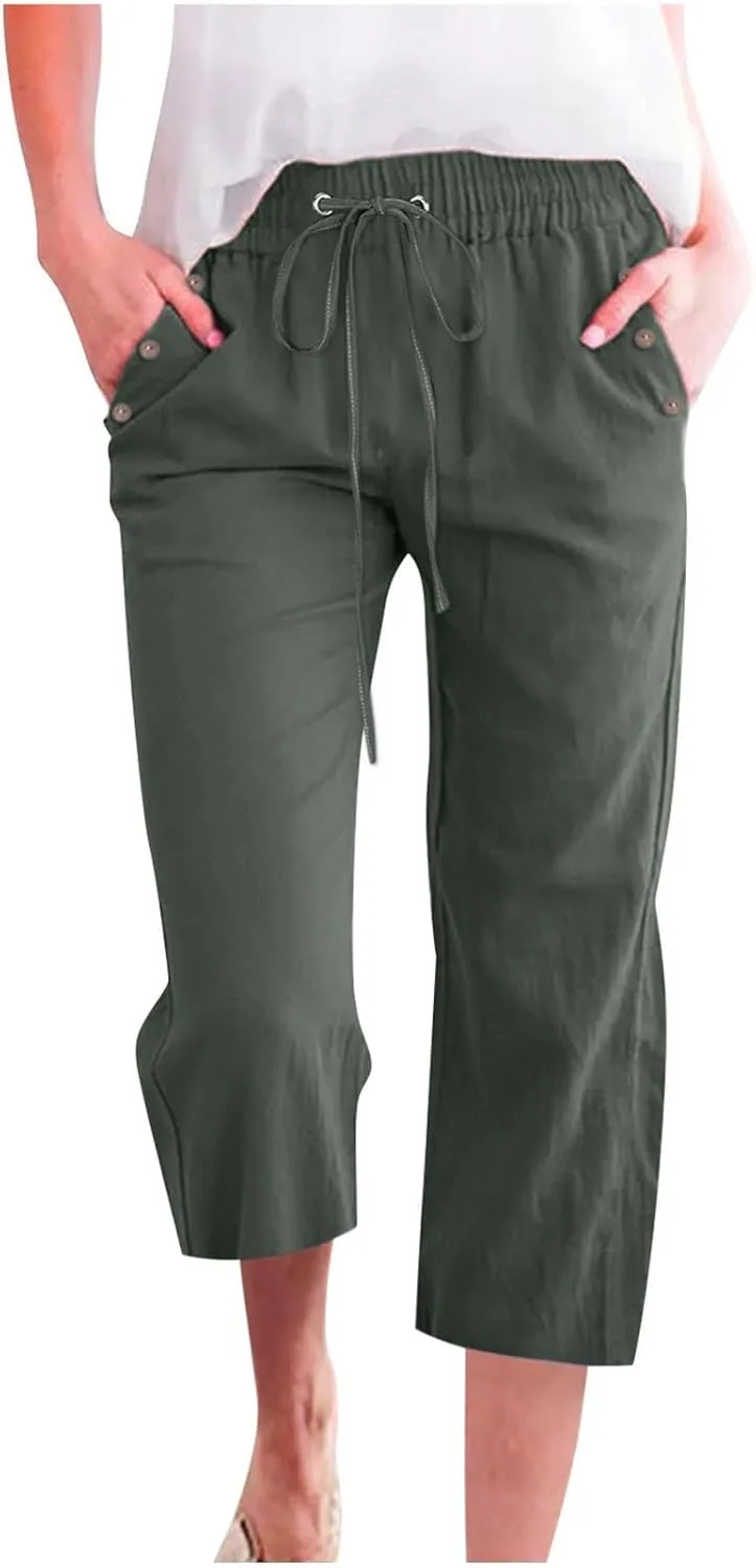 Womens Capris Solid Pants Cotton Linen Casual Summer Plus Size Wide Leg Loose Drawstring Elastic Waist Cropped Trouser