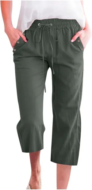 Womens Capris Solid Pants Cotton Linen Casual Summer Plus Size Wide Leg Loose Drawstring Elastic Waist Cropped Trouser