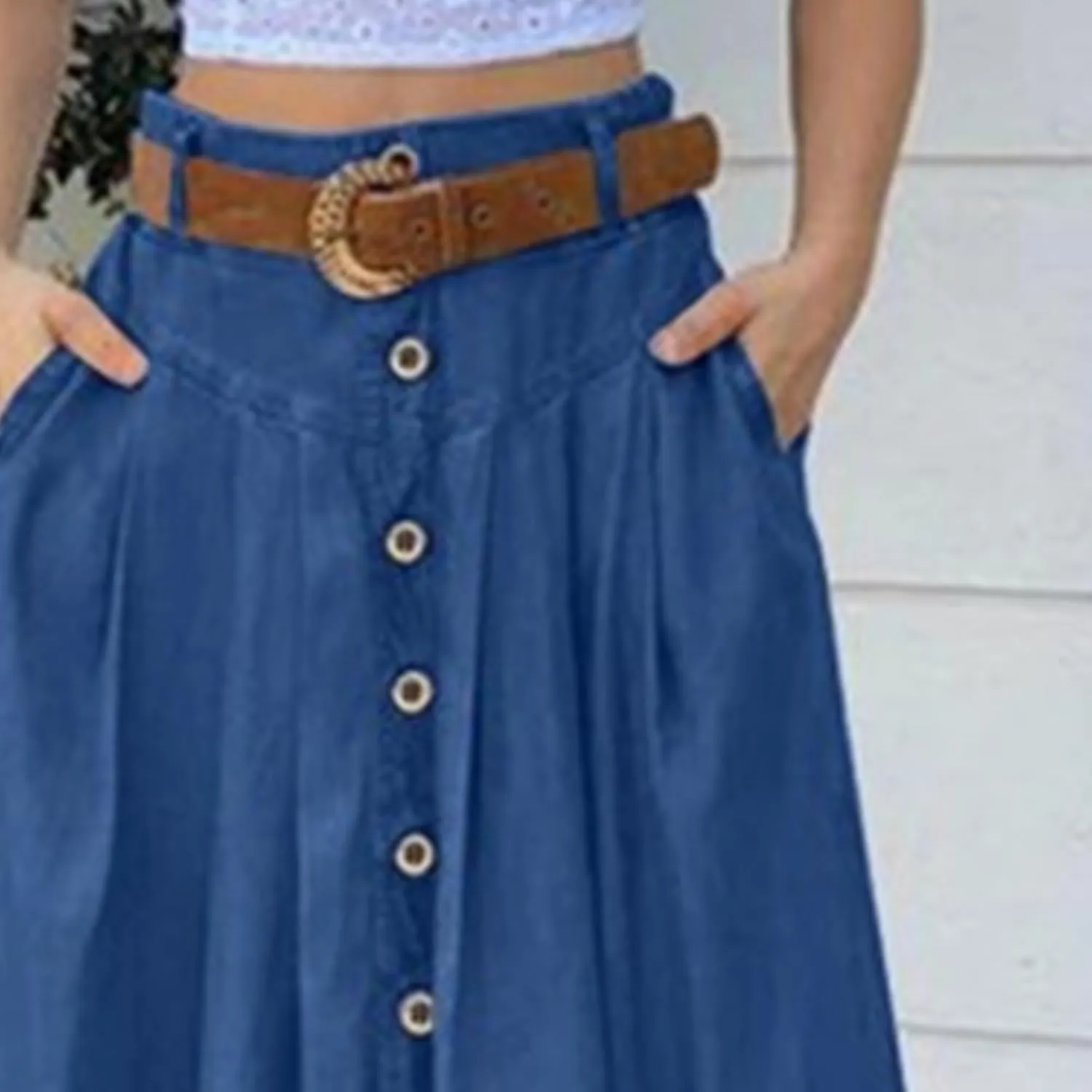 Women's Casual Bag Waist Skirts A Line Pleated Midi Skirt with Pockets Casual Button Front Pleated Flare Skirts