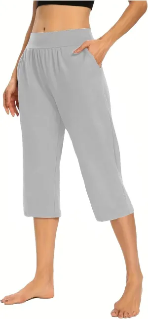 Women's Casual Capri Pants Summer Loose Yoga Pants Comfy Workout Pants High Waist Capri Trousers with Pockets