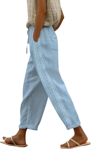 Womens Casual Embroidery Linen Pants with Pockets Drawstring Solid High Waistband Summer Beach Straight Leg Trousers