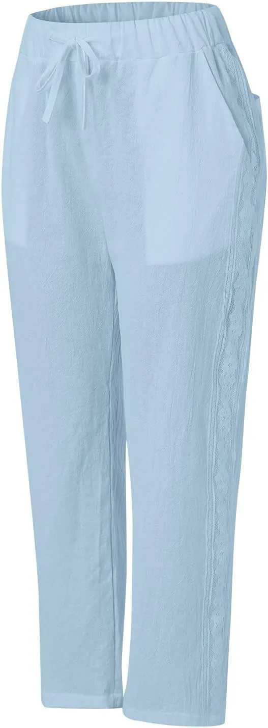 Womens Casual Embroidery Linen Pants with Pockets Drawstring Solid High Waistband Summer Beach Straight Leg Trousers