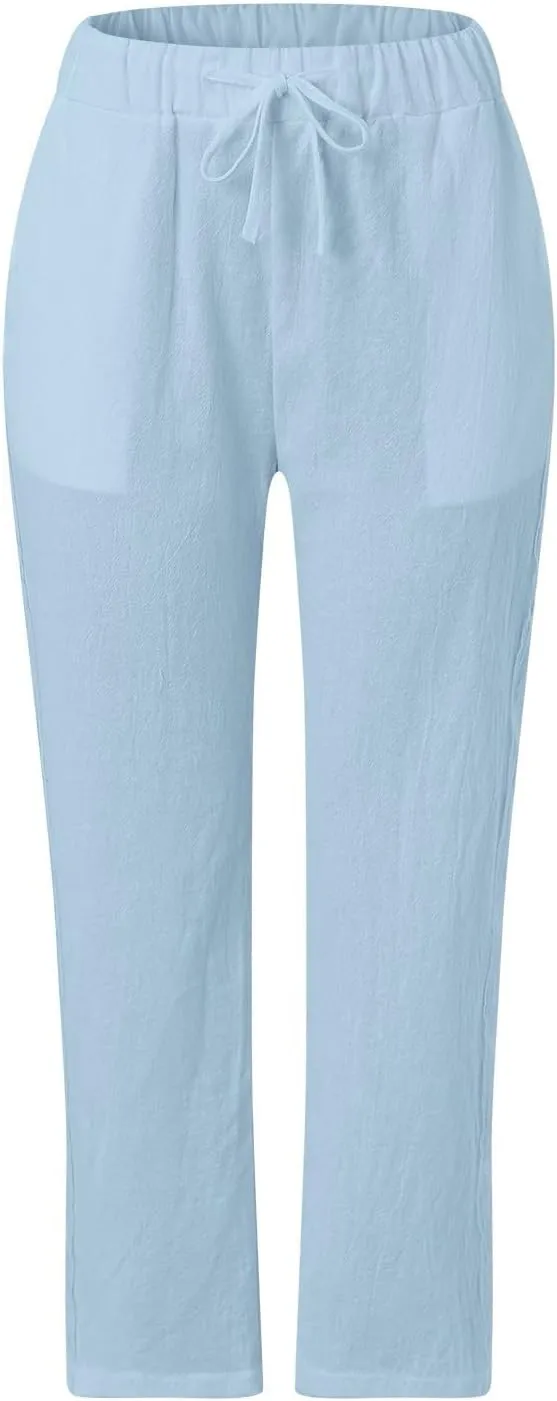 Womens Casual Embroidery Linen Pants with Pockets Drawstring Solid High Waistband Summer Beach Straight Leg Trousers