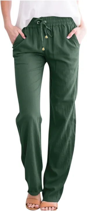 Womens Casual Linen Pants 2025 High Waist Drawstring Loose Fit Solid Summer Pants Trousers with Side Pockets