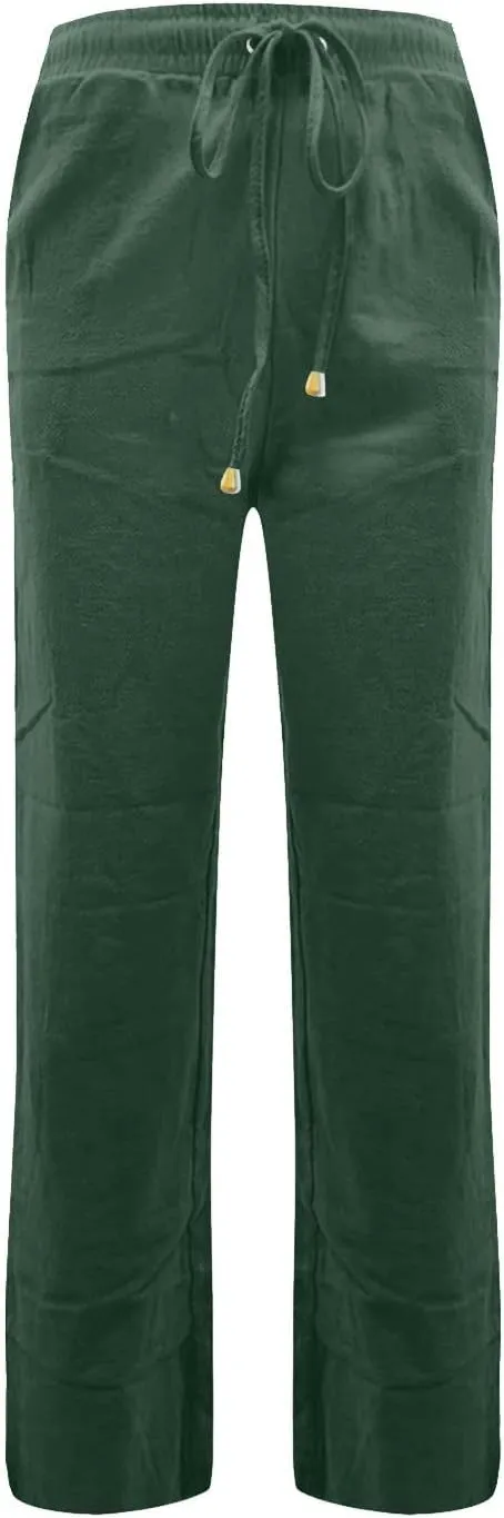 Womens Casual Linen Pants 2025 High Waist Drawstring Loose Fit Solid Summer Pants Trousers with Side Pockets