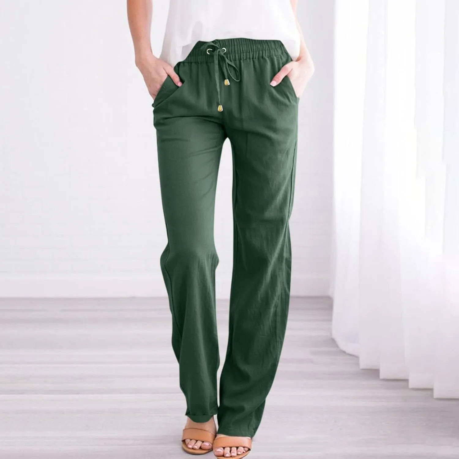 Womens Casual Linen Pants 2025 High Waist Drawstring Loose Fit Solid Summer Pants Trousers with Side Pockets