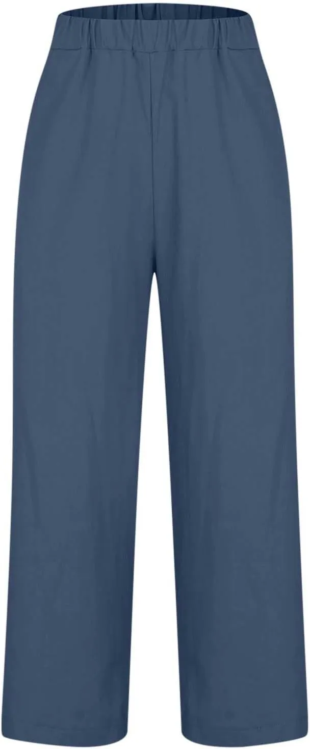 Women's Casual Linen Pants Baggy Elastic-Waisted Straight Leg Cropped Pants Cotton Lounge Trousers Loose Capri Pants