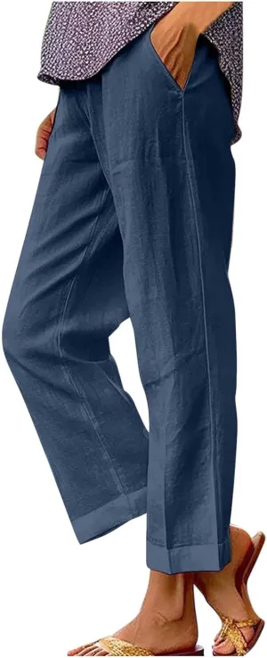 Women's Casual Linen Pants Baggy Elastic-Waisted Straight Leg Cropped Pants Cotton Lounge Trousers Loose Capri Pants