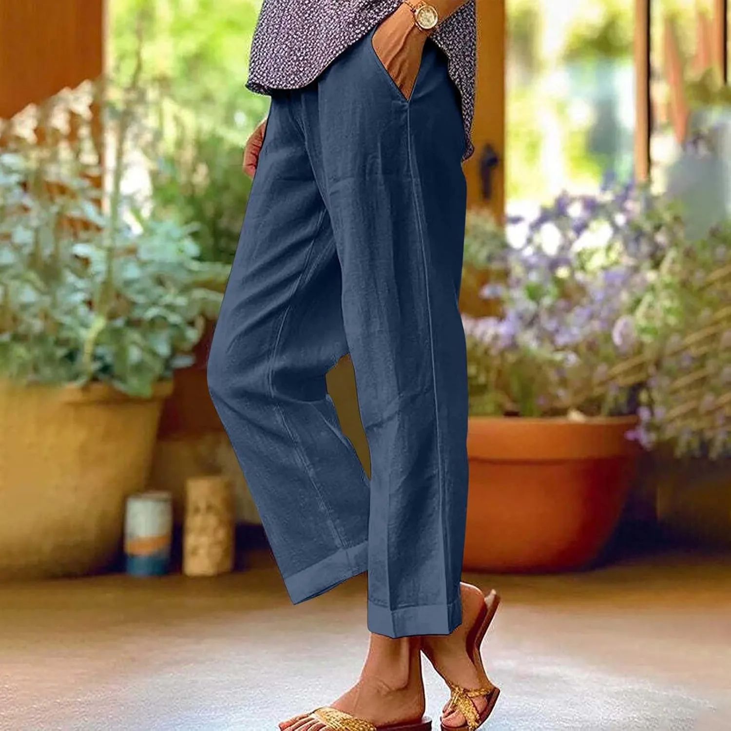 Women's Casual Linen Pants Baggy Elastic-Waisted Straight Leg Cropped Pants Cotton Lounge Trousers Loose Capri Pants