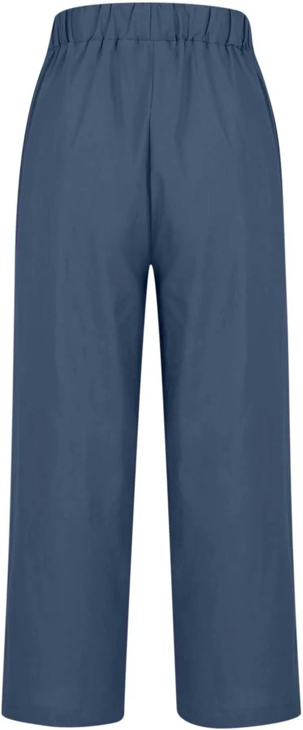 Women's Casual Linen Pants Baggy Elastic-Waisted Straight Leg Cropped Pants Cotton Lounge Trousers Loose Capri Pants