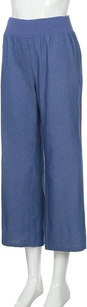 Womens Casual Pant 2024 Summer Trendy High Waist Fake Denim Wide Leg Palazzo Pants Lounge Jeans Trousers with Pocket