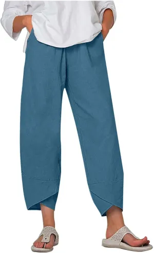 Women's Casual Straight Leg Pants High Waisted Cotton Linen Wide Leg Slacks Summer Outdoor Walk Running Workout Trousers