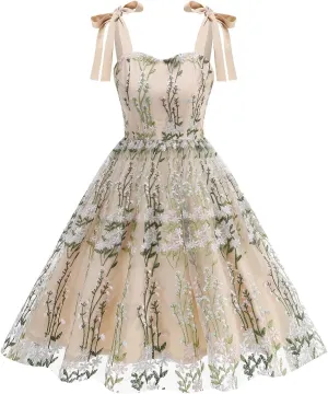 Women's Cocktail Dresses Vintage Style Fashion Embroidered Floral Swing Dress Sexy Sling Bandeau Tea Midi Dress