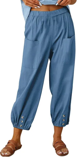 Women's Cotton Linen Capri Pants Plain High Waist Cinch Bottom with Button Summer Loose Casual Trouser with Pockets