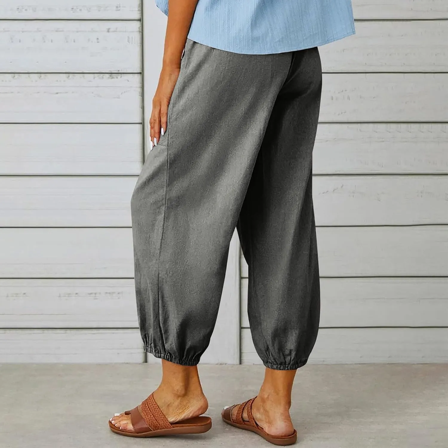 Women's Cotton Linen Capri Pants Plain High Waist Cinch Bottom with Button Summer Loose Casual Trouser with Pockets