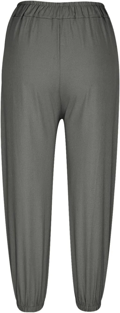 Women's Cotton Linen Capri Pants Plain High Waist Cinch Bottom with Button Summer Loose Casual Trouser with Pockets