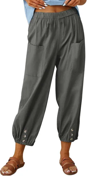 Women's Cotton Linen Capri Pants Plain High Waist Cinch Bottom with Button Summer Loose Casual Trouser with Pockets